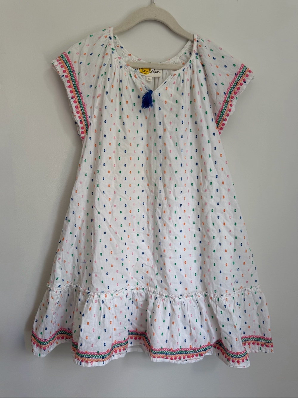 Mini Boden EmbroideredDress with Multicolor Dots and Tassels (Size 8-9)